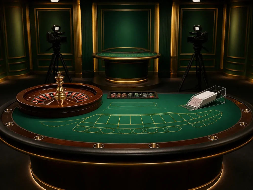 Estúdio vazio de cassino ao vivo com roleta, mesa e câmeras