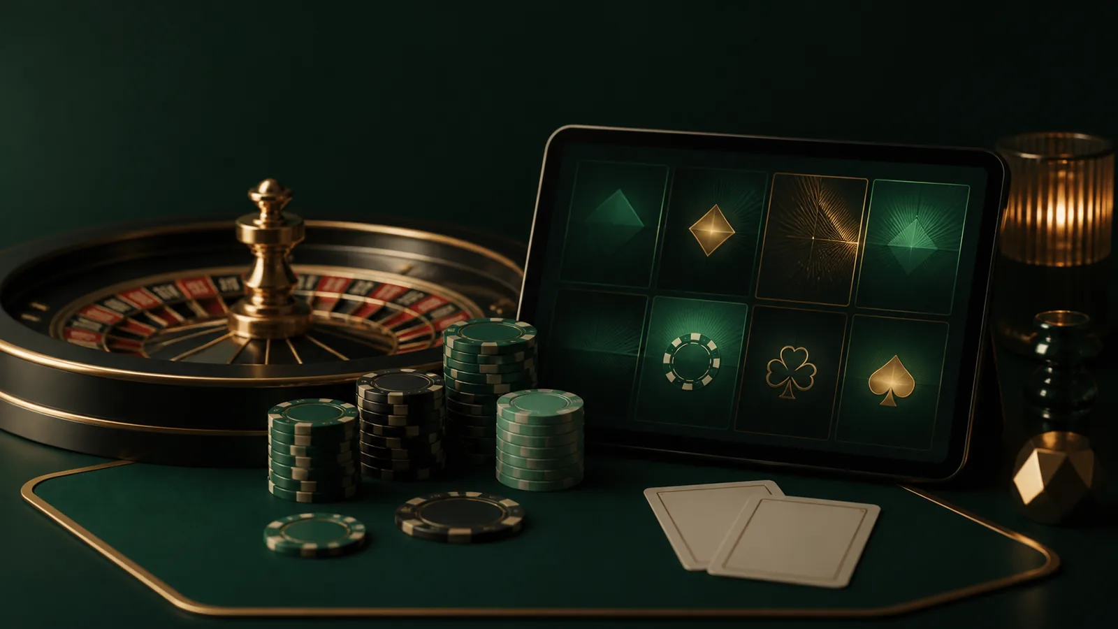 Roleta, fichas e catálogo digital em uma cena editorial sobre cassino online