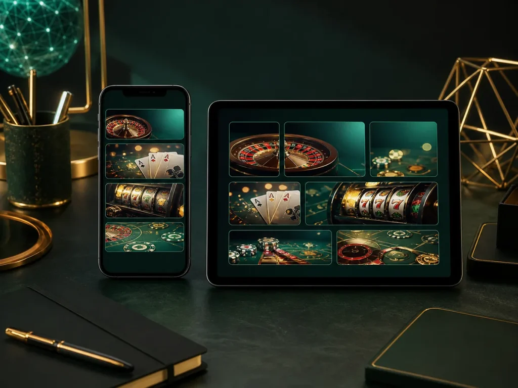 Celular e tablet exibindo categorias genéricas de jogos de cassino