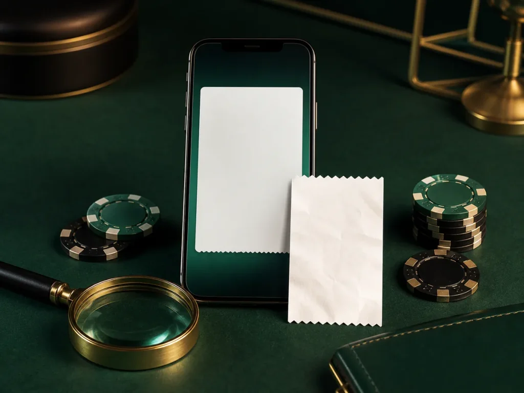 Celular, comprovante em branco e fichas usados para ilustrar conferência de transação
