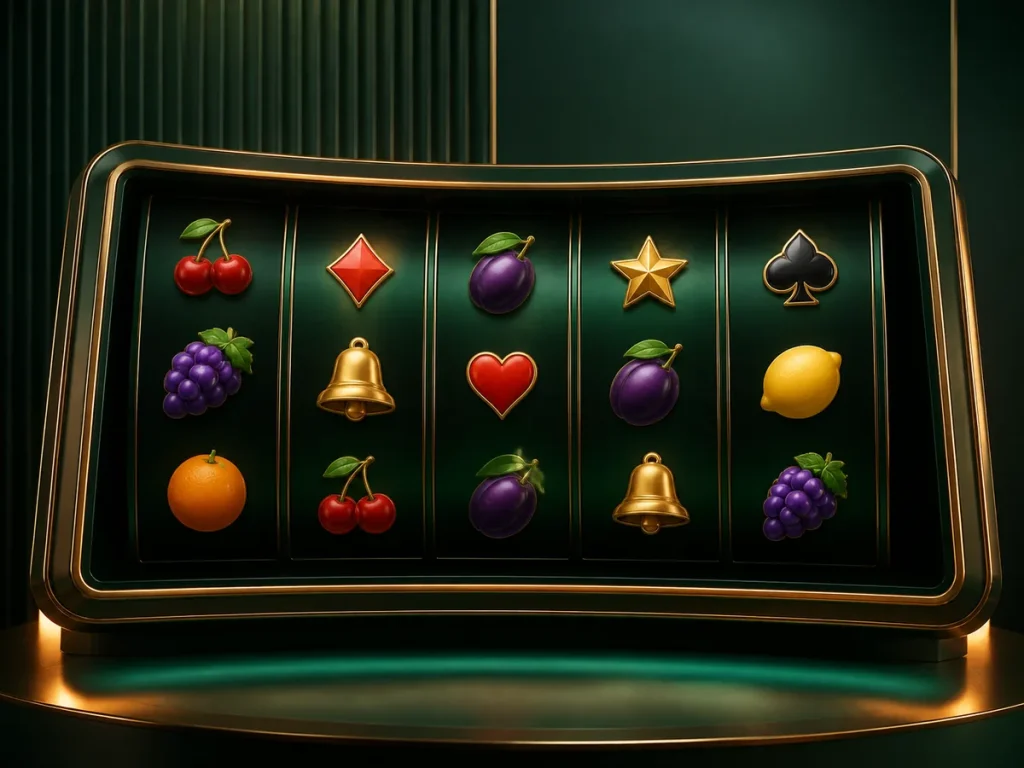 Painel genérico de slots com símbolos de frutas, cartas e sino